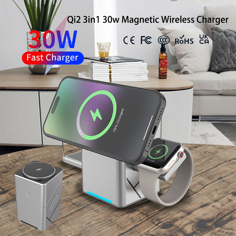 Wireless Charger 3 In 1 - Cargador Inalámbrico Magnético Giratorio Táctil Multifunción